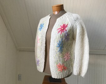 Vintage 1950s Pastel Flower Mohair & Wool Hand-Knit Soft Cloud Cardigan, Italy, S