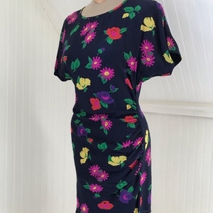 Vintage 1980s Draped Ungaro Silk Crepe Floral Dress, Sz S image 2