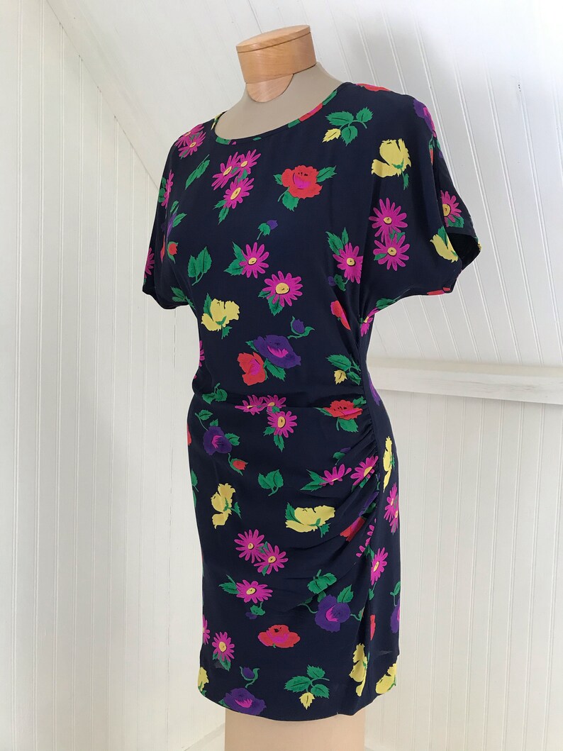 Vintage 1980s Draped Ungaro Silk Crepe Floral Dress, Sz S image 2