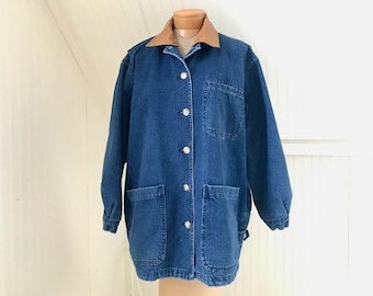 Vintage 1980s Denim Barn Jacket with Detachable Leather Collar - L