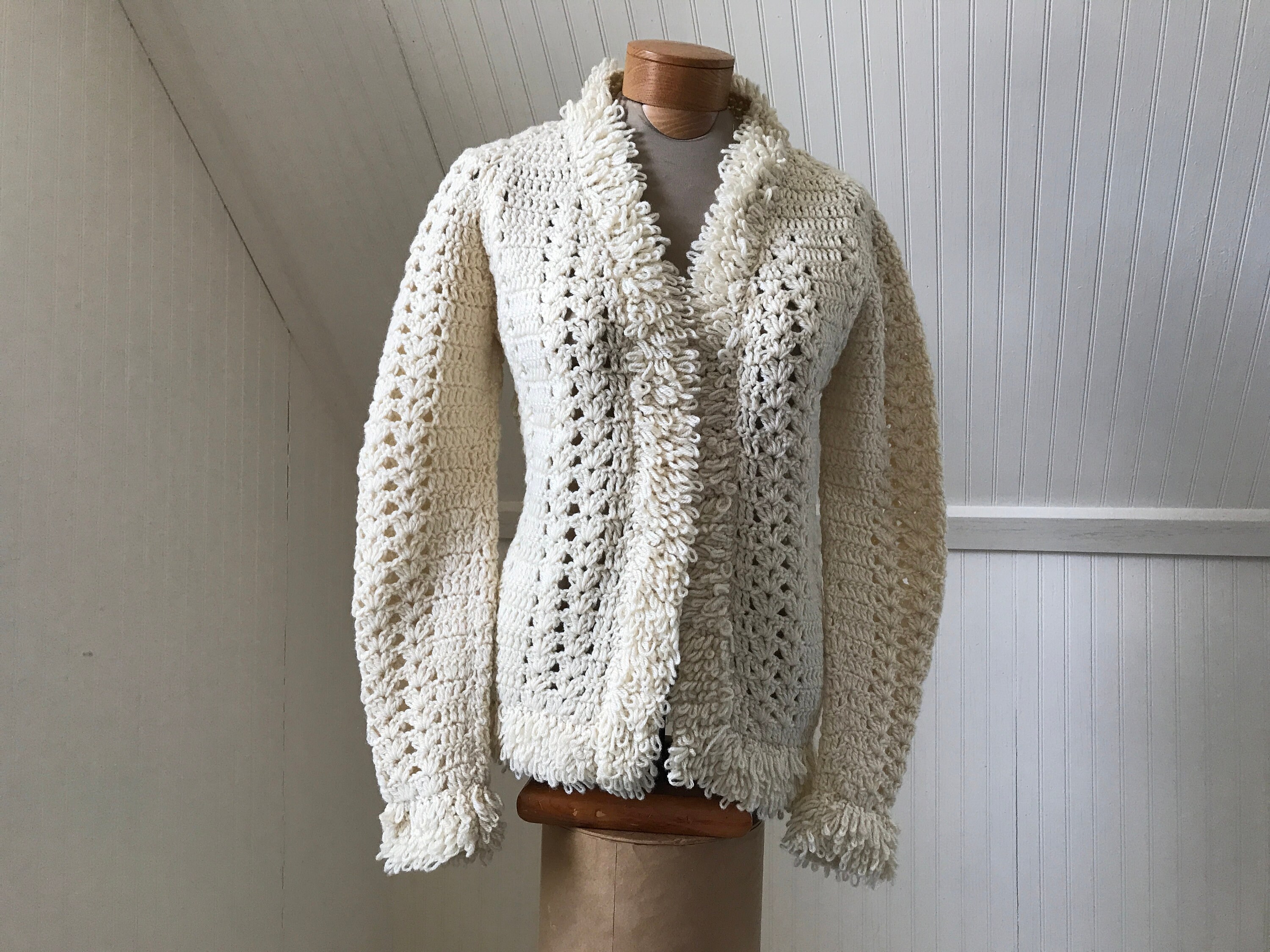 Vintage 1970s Rainbow Crochet Knit Cardigan Sweater Jacket W