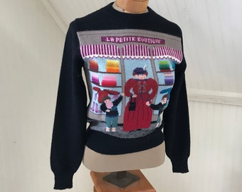 Vintage 1980s Japanese Novelty Intarsia Knit Wool "La Petit Boutique" Alpine 3D Sweater, S