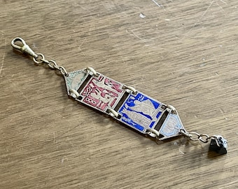 Antique 1920s Egyptomania Enameled Copper Watch Fob with Myth Scenes and a Rock