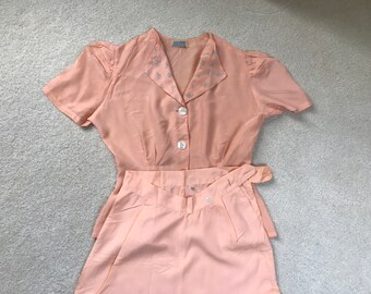 Vintage 1940s High Wasted Peach Pink Pajamas, XS