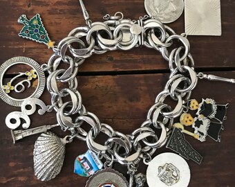 Heavy Vintage Silver Enameled Charms Chain Bracelet