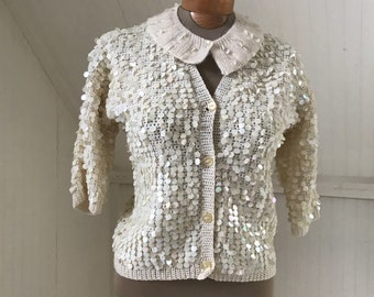 Gorgeous Playful Vintage 1950s Cream Pailette Wool Cardigan with Removable Angora Collar, Made in Italy for Saks Fifth Avenue