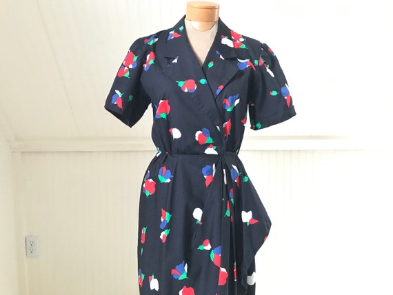 Akris, Vintage 80s Akris Switzerland Cotton Poplin Wrap Dress: Geometric Floral, US 4-6