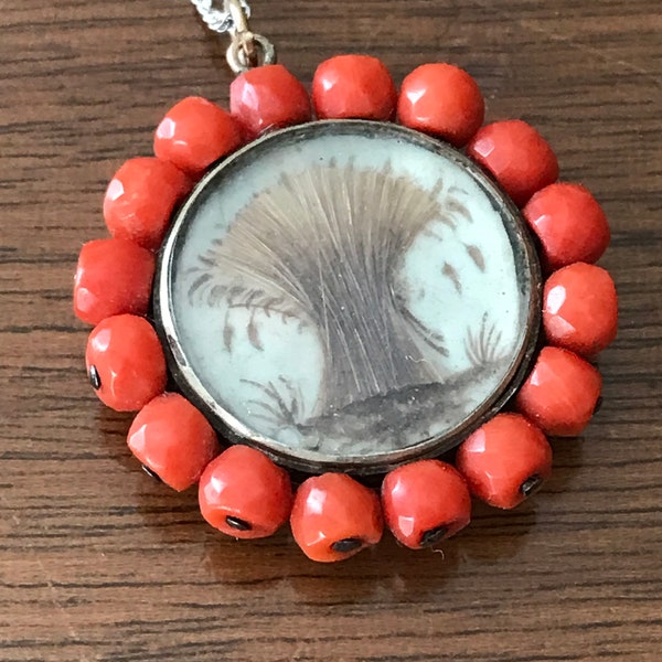 Antique Georgian French c. 1820s Hair Mourning Locket Pendant w. a Wheat Sheaf and Coral