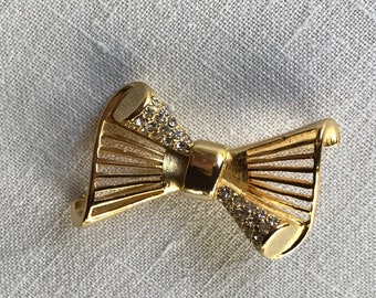 Signed Vintage Givenchy Bow Gold-Tone Brooch with Paste Glass