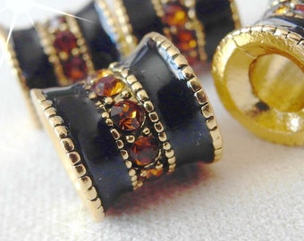 BULK 20pc Amber color Crystal Rhinestone Black Enamel Antique Gold large hole Spacer Barrel Bead, 10mm x 10mm, hole 4.5mm, pkg 20 pieces