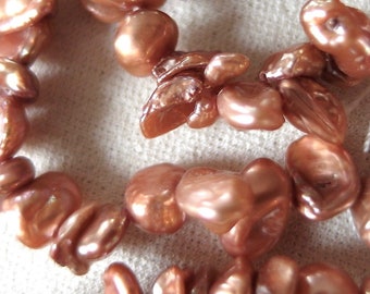 Copper Pink Keishe Pearls, 6 - 9mm, 15" strand