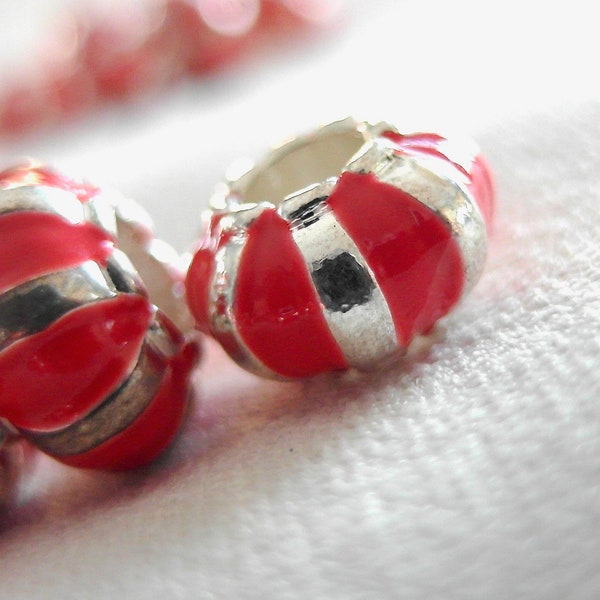 8pc Red Enamel Inlaid Stripe Brite Silver large hole beads, 12mm x 7mm, 5mm hole, package of 8