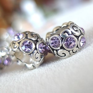 8pc Light purple crystals, silver swirls, large hole beads, 12mm wide x 8mm, hole diameter 5mm, package of 8