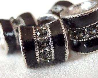 4pc Black Diamond Crystal Rhinestone Black Enamel Bands Antique Silver large hole Spacer Barrel Bead, 10mm x 10mm, hole 4.5mm, pkg 4 pieces