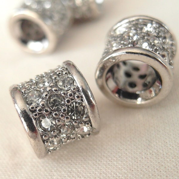 4pc - Clear Crystal  Rhinestone Studded Silver large hole Spacer Barrel Bead, 10mm x 10mm, hole measures 5.5mm across
