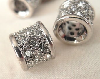 4pc - Clear Crystal  Rhinestone Studded Silver large hole Spacer Barrel Bead, 10mm x 10mm, hole measures 5.5mm across
