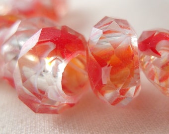 20 Translucent Red White Clear Faceted European Large Hole Beads, no metal core, 14mm x 8mm, 6mm hole, package of 20.