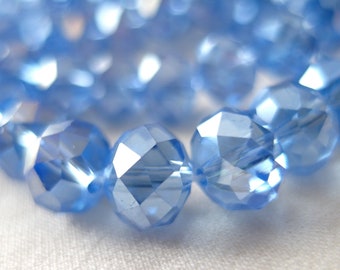 10mm Cornflower Blue Faceted Crystal Rondelle Beads, 10" Strand, 10mm x 8mm, 32 pieces, subtle AB Rainbow finish