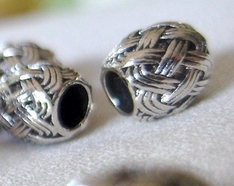 15pc - Woven Pattern Silver Spacer large hole Bead, 10mm long x 9mm diameter, hole measures 5mm across, package of 15