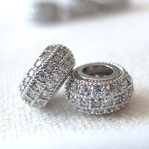 5pc Micro pave zirconia Silver tone Rondell large hole Spacer Bead, 8mm x 4mm, hole 3mm.