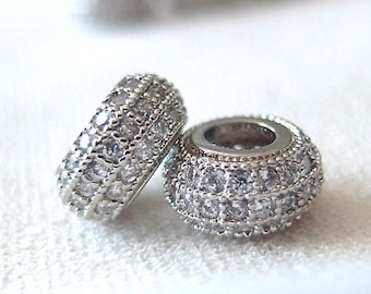 5pc Micro pave zirconia Silver tone Rondell large hole Spacer Bead, 8mm x 4mm, hole 3mm.