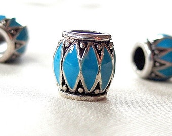 BULK PURCHASE 25pc Turquoise Blue Enamel, Silver metal, Black antiquing Chevron pattern large hole beads, 10mm, hole diameter 5mm, pkg of 25