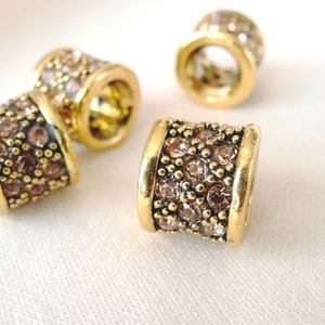 4pc Champagne Gold Crystal Rhinestone Antiqued Goldtone large hole Spacer Barrel Bead, 12mm x 9mm, hole measures 6mm across image 2