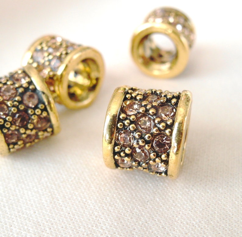 4pc Champagne Gold Crystal Rhinestone Antiqued Goldtone large hole Spacer Barrel Bead, 12mm x 9mm, hole measures 6mm across image 2