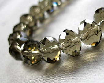 10mm Smoky Brown Crystal Beads, 10mm x 8mm faceted rondelle, 10" long strand, approx 32 pieces