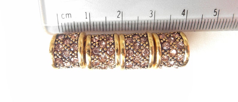 4pc Champagne Gold Crystal Rhinestone Antiqued Goldtone large hole Spacer Barrel Bead, 12mm x 9mm, hole measures 6mm across image 3