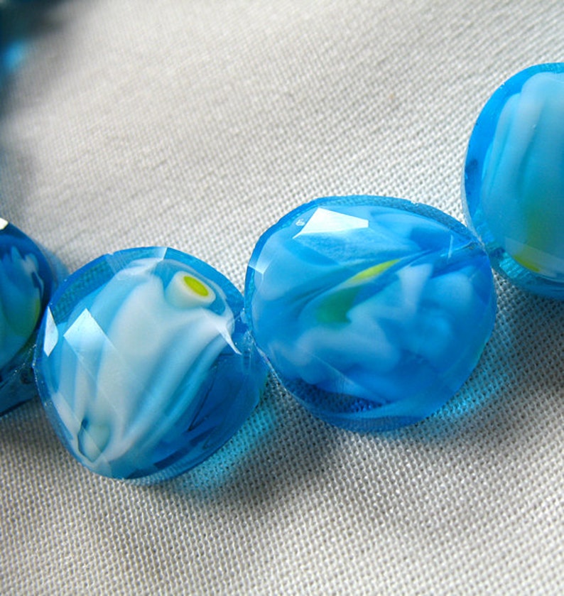 Tropical Blue Green Yellow White Millefiore Faceted Crystal Rondell Beads, 14mm x 7mm twisted coin shape, 12 pieces, 6.5 strand image 3