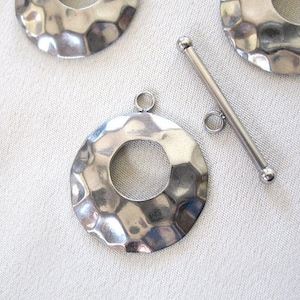 TWO Silver Toggle Clasps, Hammered Stainless Steel , 25mm diameter Ring, 30 mm long bar