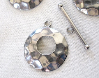 TWO Silver Toggle Clasps, Hammered Stainless Steel , 25mm diameter Ring, 30 mm long bar