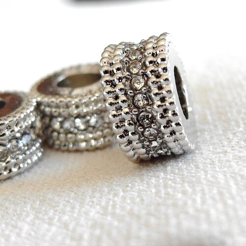 Silver W/ Crystal Rhinestone Wavy Edge Rondelle Spacer Beads - View #7
