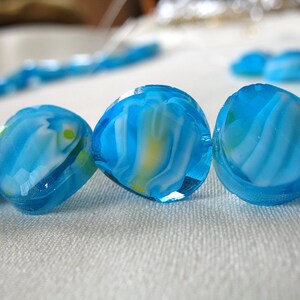 Tropical Blue Green Yellow White Millefiore Faceted Crystal Rondell Beads, 14mm x 7mm twisted coin shape, 12 pieces, 6.5 strand image 2