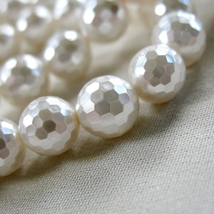 8mm White Faceted Round Shell Pearls, 16” strand, 48 pearls