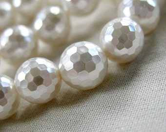 8mm White Faceted Round Shell Pearls, 16” strand, 48 pearls
