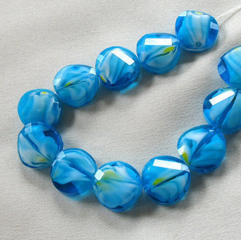 Tropical Blue Green Yellow White Millefiore Faceted Crystal Rondell Beads, 14mm x 7mm twisted coin shape, 12 pieces, 6.5 strand image 1