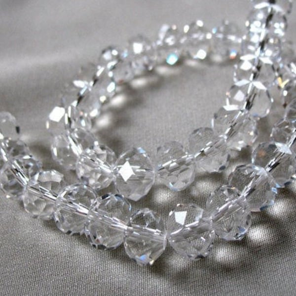 SPECIAL Price TWO strands 10mm Clear Crystal Rondelle beads, 10mm x 8mm, 10” each strand, 64 pieces total
