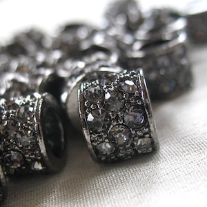 4pc - Black Diamond Crystal Rhinestone Studded Gunmetal Rondell large hole Spacer Barrel Bead, not AB, 10mm x 9mm, hole 6mm. pkg 4 piece