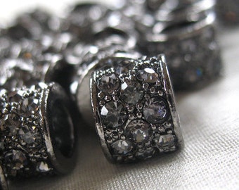 4pc - Black Diamond Crystal Rhinestone Studded Gunmetal Rondell large hole Spacer Barrel Bead, not AB, 10mm x 9mm, hole 6mm. pkg 4 piece