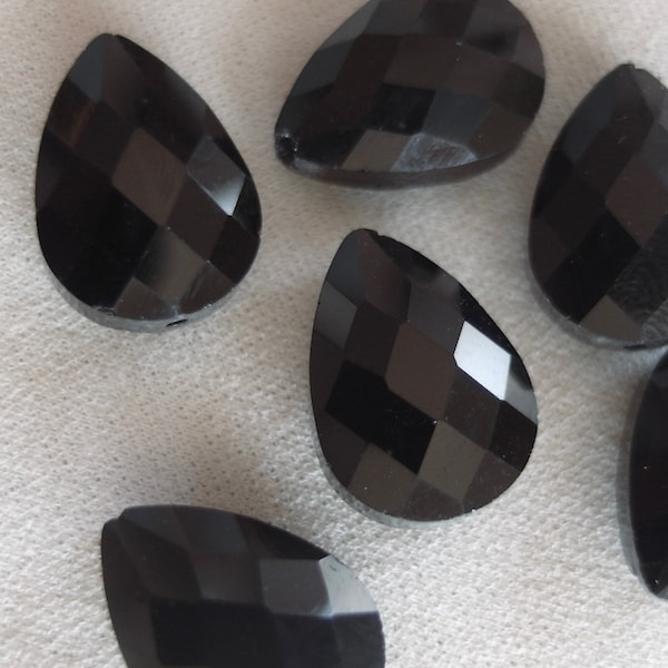 6pc Black Faceted Crystal Teardrop beads, 20mm x 13mm x 9mm thick, 6 pieces