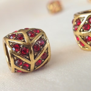 4pc Rich Red Crystal Rhinestone Studded Antique Gold Rondell large hole Spacer Barrel Bead, 12mm x 12mm, hole 7mm.