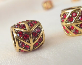 BULK 20pc Rich Red Crystal Rhinestone Studded Antique Gold Rondell large hole Spacer Barrel Bead, 12mm x 12mm, hole 7mm.