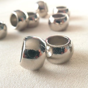 BULK 75pc. Large hole simple Silvertone accent beads, 12mm x 8mm, hole diameter 8mm, package of 75