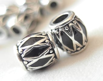 BULK 30 pieces Black Enamel with Silver metal and Black antiquing Chevron pattern large hole beads, 10mm, hole diameter 5mm, package of 30