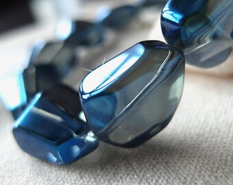 10pc, 16mm Blue finish gray Crystal Glass smooth nugget beads, 16mm x 12mm thick, 10 pieces, 6" strand