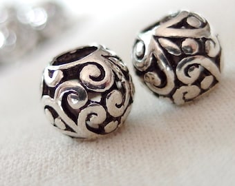 10pc Silver scroll pattern, Black Antiqued large hole beads, 10 x 9mm, hole 4.5mm, pkg of 10. FREE SHIPPING on 75 dollar order, code FREE75