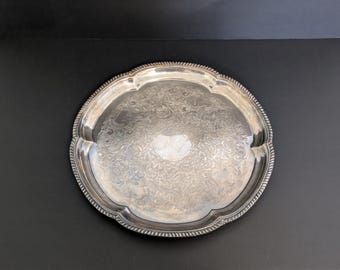 Vintage Large Silver Plate Serving Tray - Ornate Floral Etched Center and Scalloped Rim