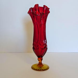 Vase Soufflé Moon And Star Amberina Rare - Verre Givré Rouge, Vintage, Marque LE Smith Weishar